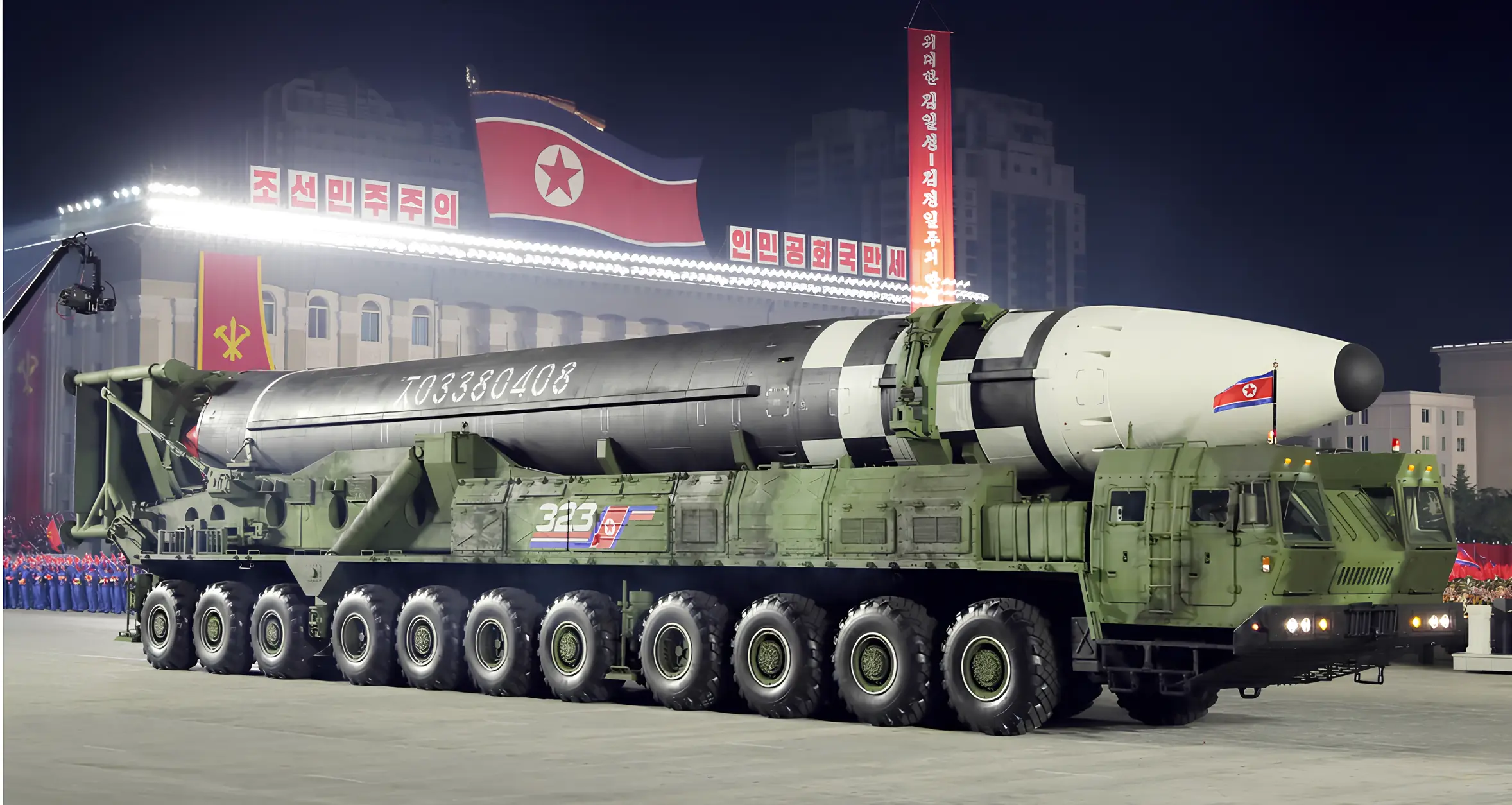 Background, consists of a North Korean ICBM
